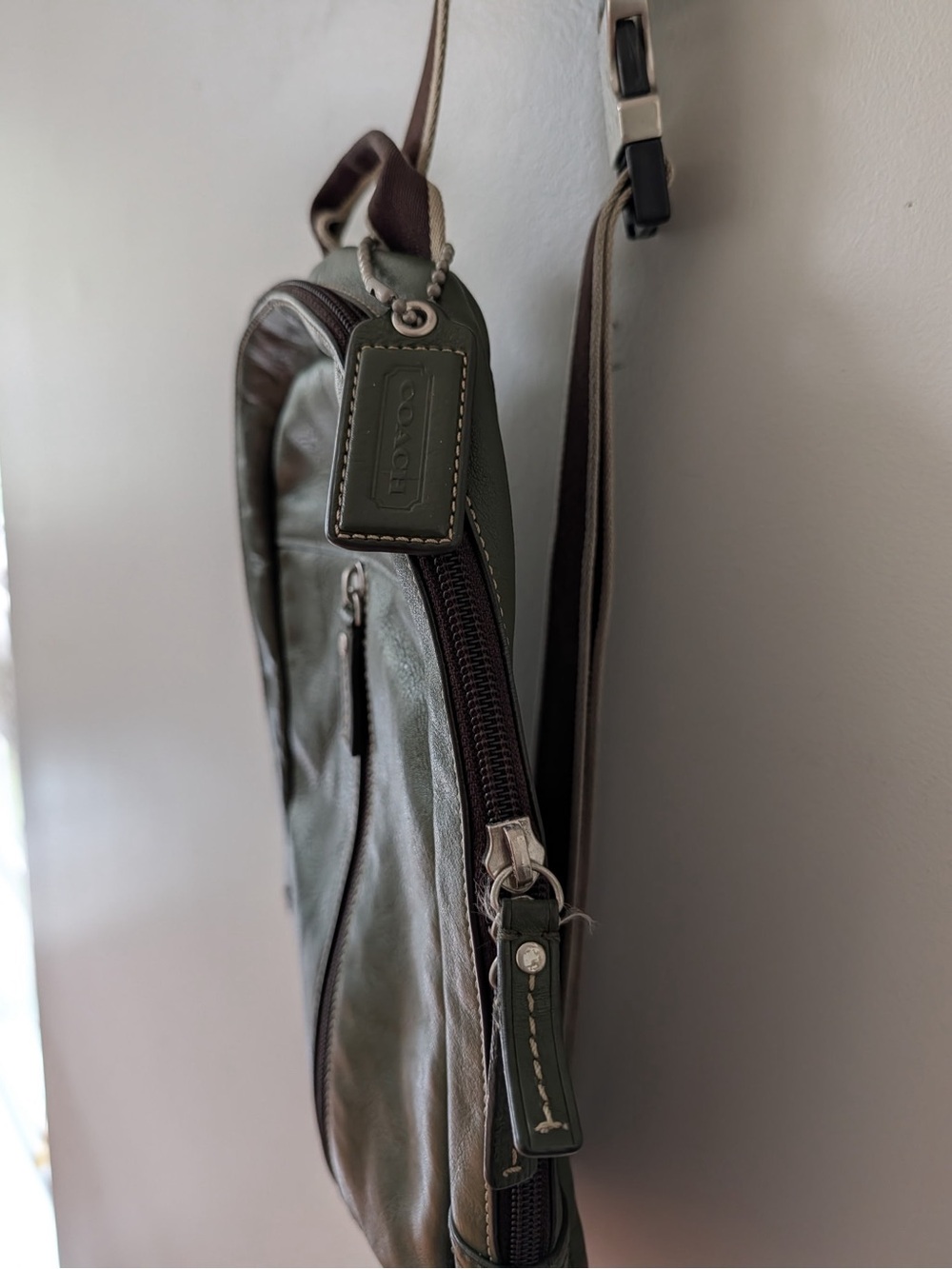 Coach Olive Green Leather Sling Backpack Crossbody Chest Bag - Picture 2 of 6